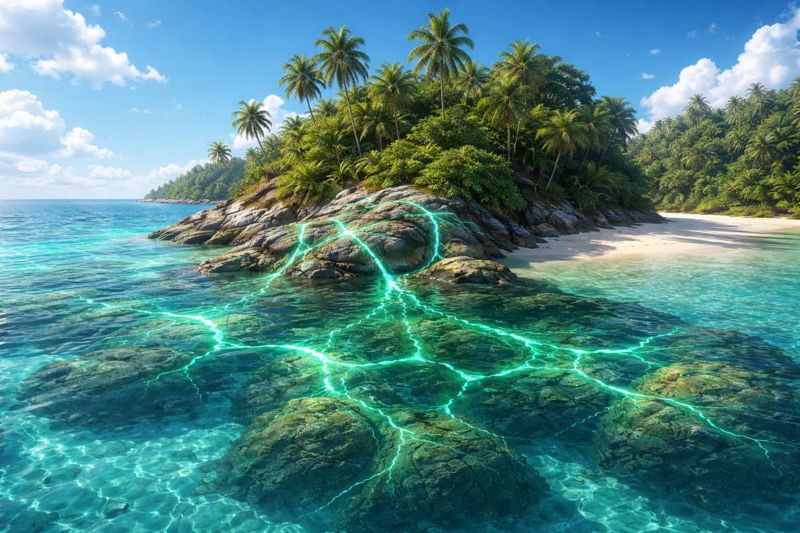 veins of emerald as a signal graph embedded in the rock of a tropical island